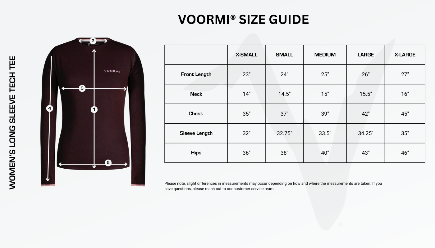Women's Long Sleeve Tech Tee Size Guide Diagram