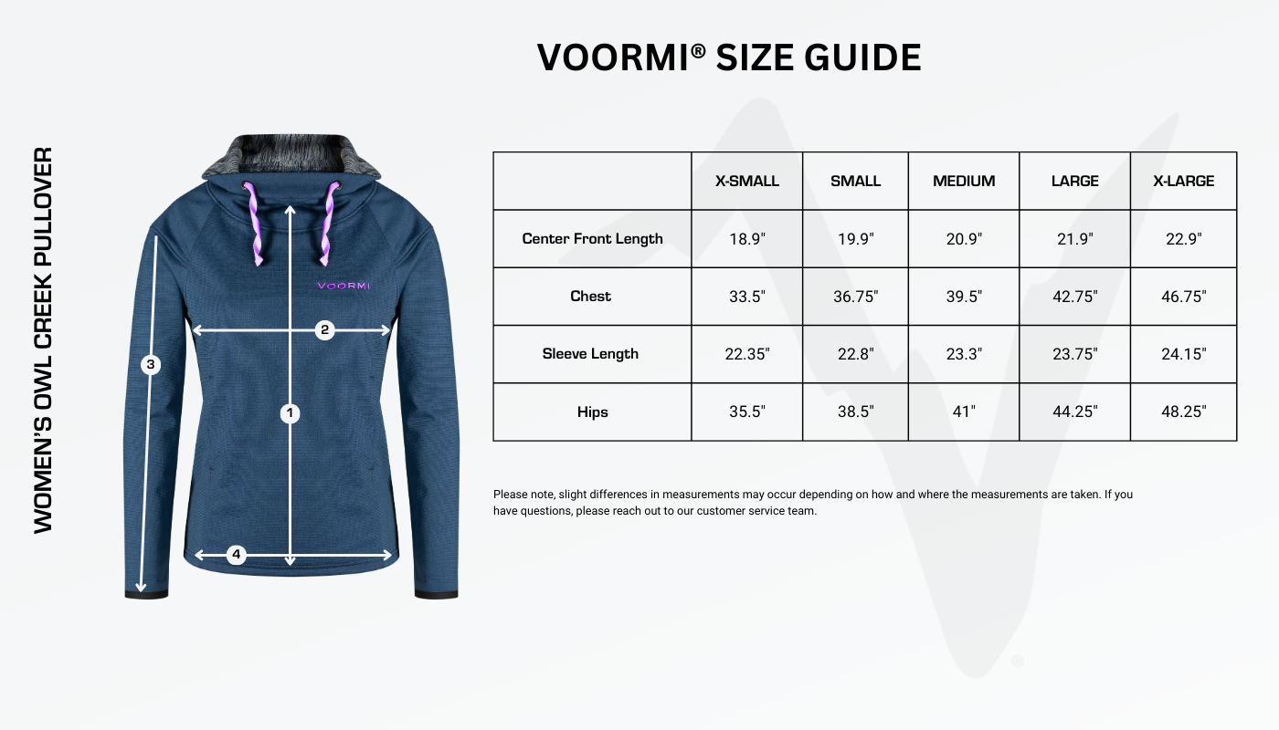 Women's Owl Creek Pullover Size Guide Diagram