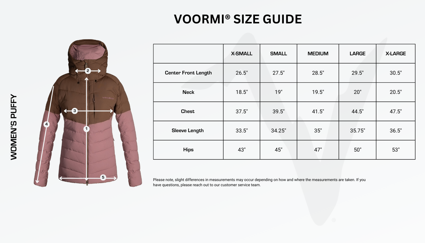 Women's Puffy Size Guide Diagram